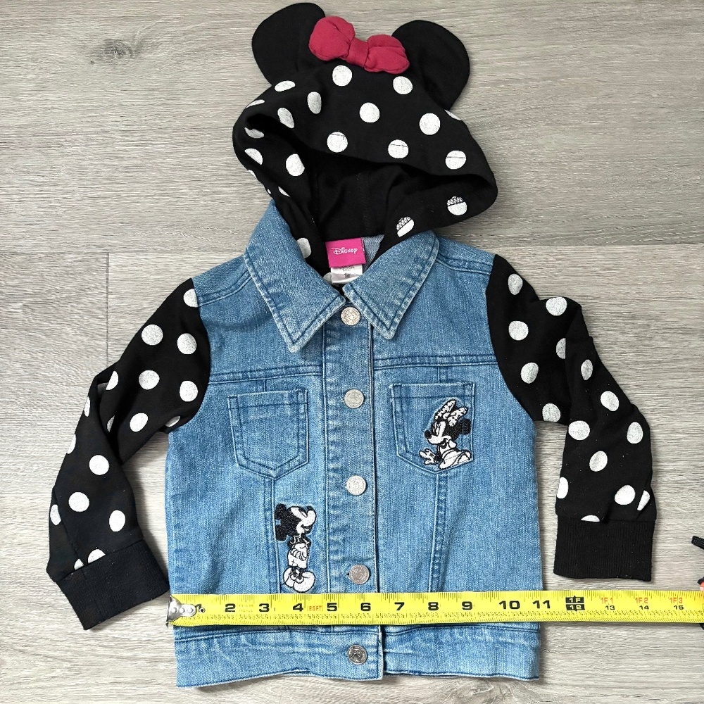 Disney Minnie Mouse Jean Denim Jacket White Polka Dots Minnie Ears Bow Hood 2T - Picture 7 of 11